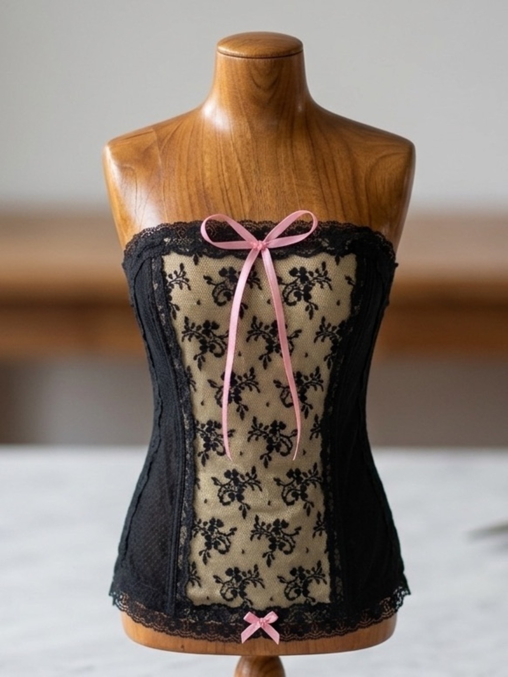 Cacique Black Lace Corset Bustier Strapless Pink Ribbon Plus Size 18/20 Coquette